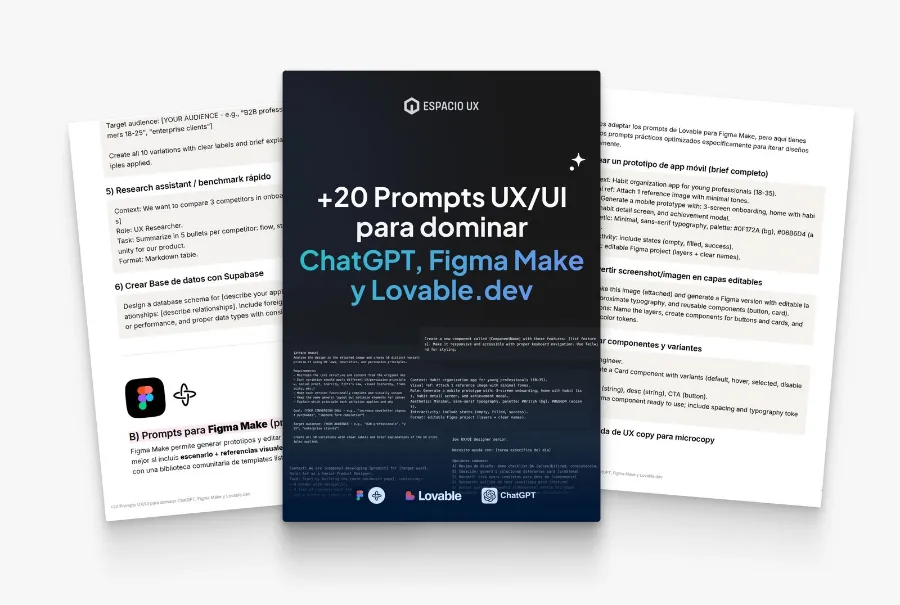 Ebook de prompts de Espacio UX abierto en tres páginas